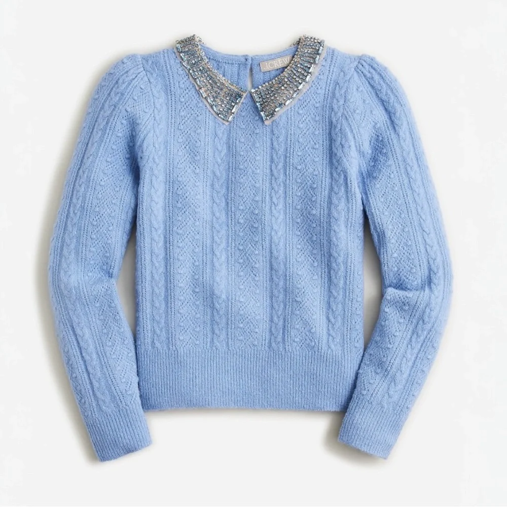 J.Crew Pointelle Cable-Knit Crewneck Sweater with Beaded Collar NWT Size M